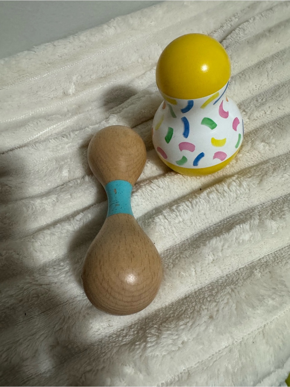 Wooden Rattle Set with Yellow Patterned wobbler for tummy time -LOVE EVERY